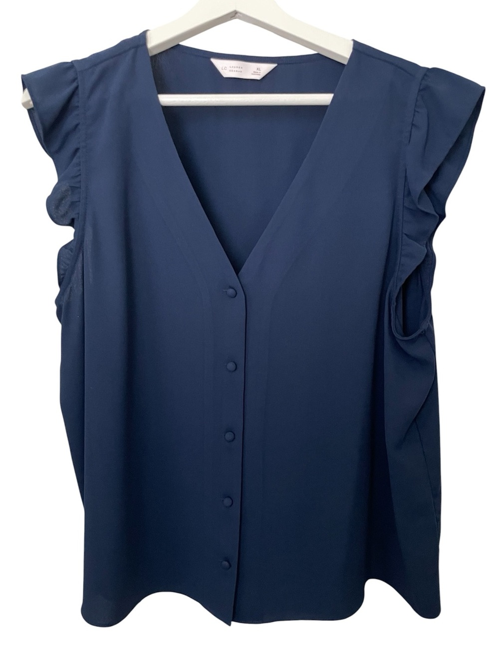 LC Lauren Conrad Navy Button Front Ruffle Sleeve Blouse Size XL